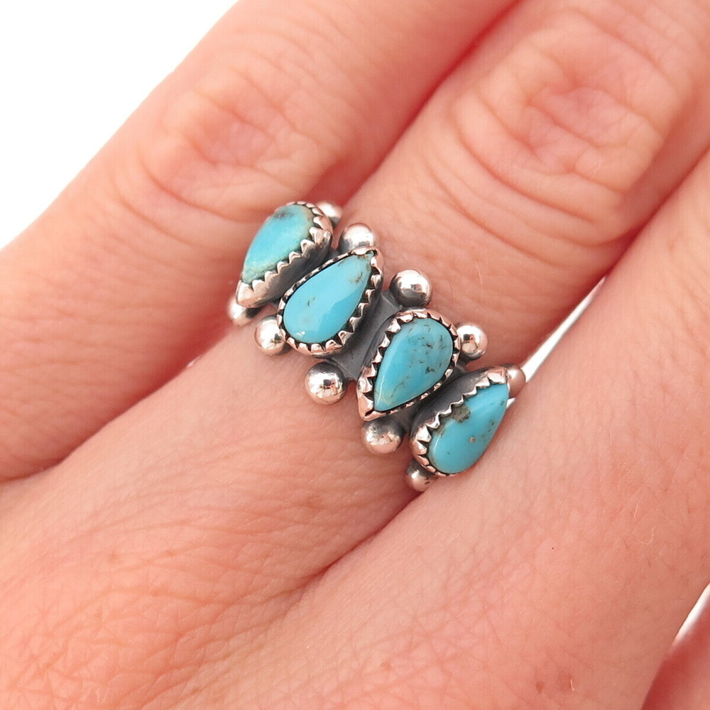 Old Pawn Sterling Silver Vintage Southwestern Turquoise Tribal Ring Size 4.75